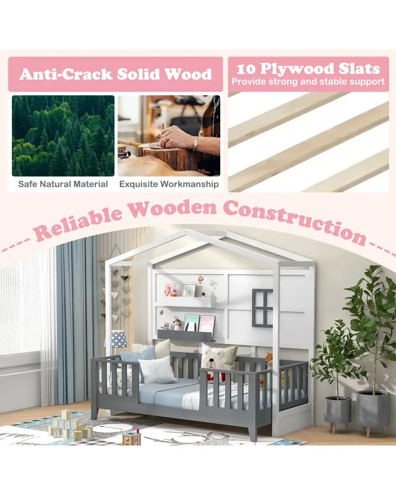 Twin Wood House Bed Montessori Floor Bed with 2 Shelves and Guardrails-Gray & White - Gray & White - Toddler Beds