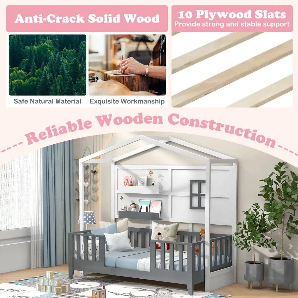 Twin Wood House Bed Montessori Floor Bed with 2 Shelves and Guardrails-Gray & White - Gray & White - Toddler Beds