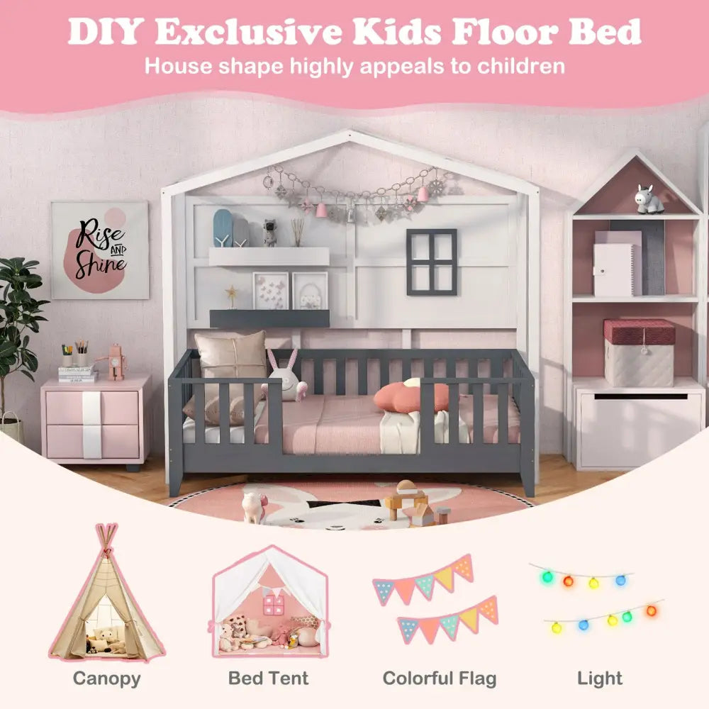 Twin Wood House Bed Montessori Floor Bed with 2 Shelves and Guardrails-Gray & White - Gray & White - Toddler Beds