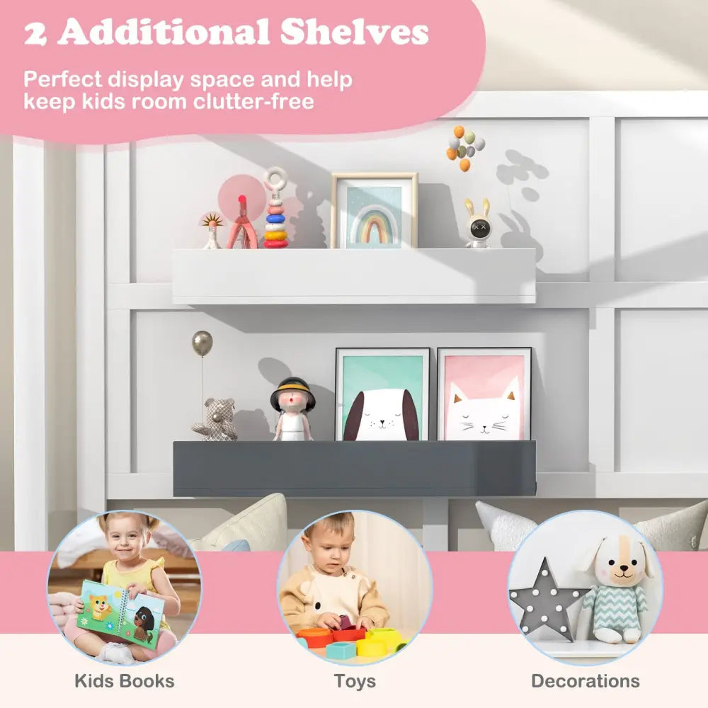 Twin Wood House Bed Montessori Floor Bed with 2 Shelves and Guardrails-Gray & White - Gray & White - Toddler Beds