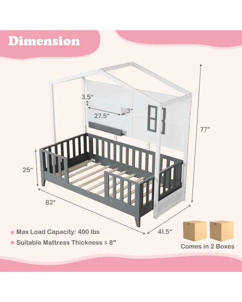 Twin Wood House Bed Montessori Floor Bed with 2 Shelves and Guardrails-Gray & White - Gray & White - Toddler Beds