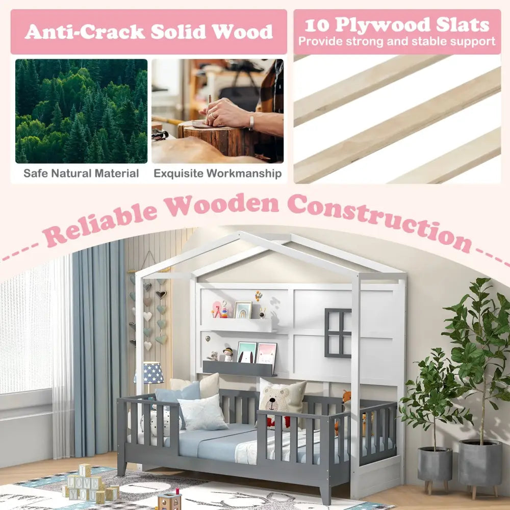 Twin Wood House Bed Montessori Floor Bed with 2 Shelves and Guardrails-Gray & White - Gray & White - Toddler Beds