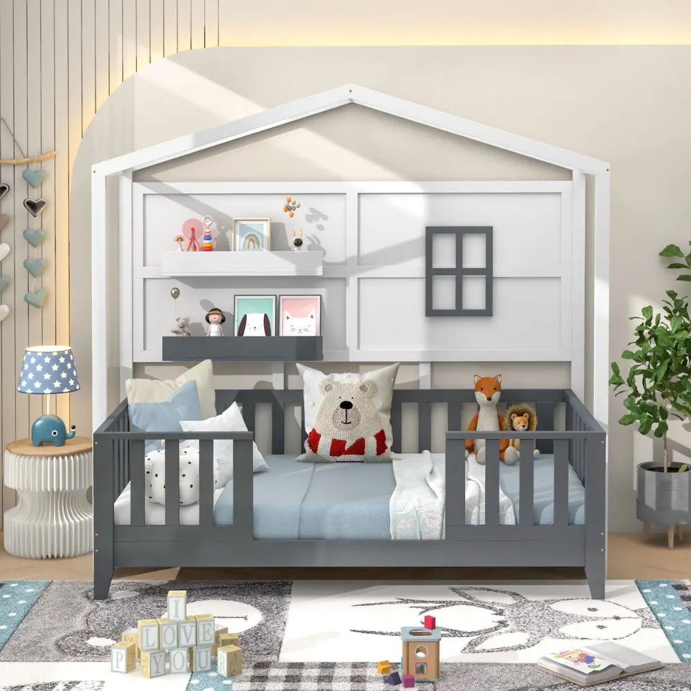 Twin Wood House Bed Montessori Floor Bed with 2 Shelves and Guardrails-Gray & White - Gray & White - Toddler Beds