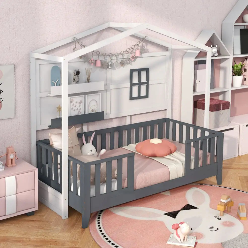 Twin Wood House Bed Montessori Floor Bed with 2 Shelves and Guardrails-Gray & White - Gray & White - Toddler Beds