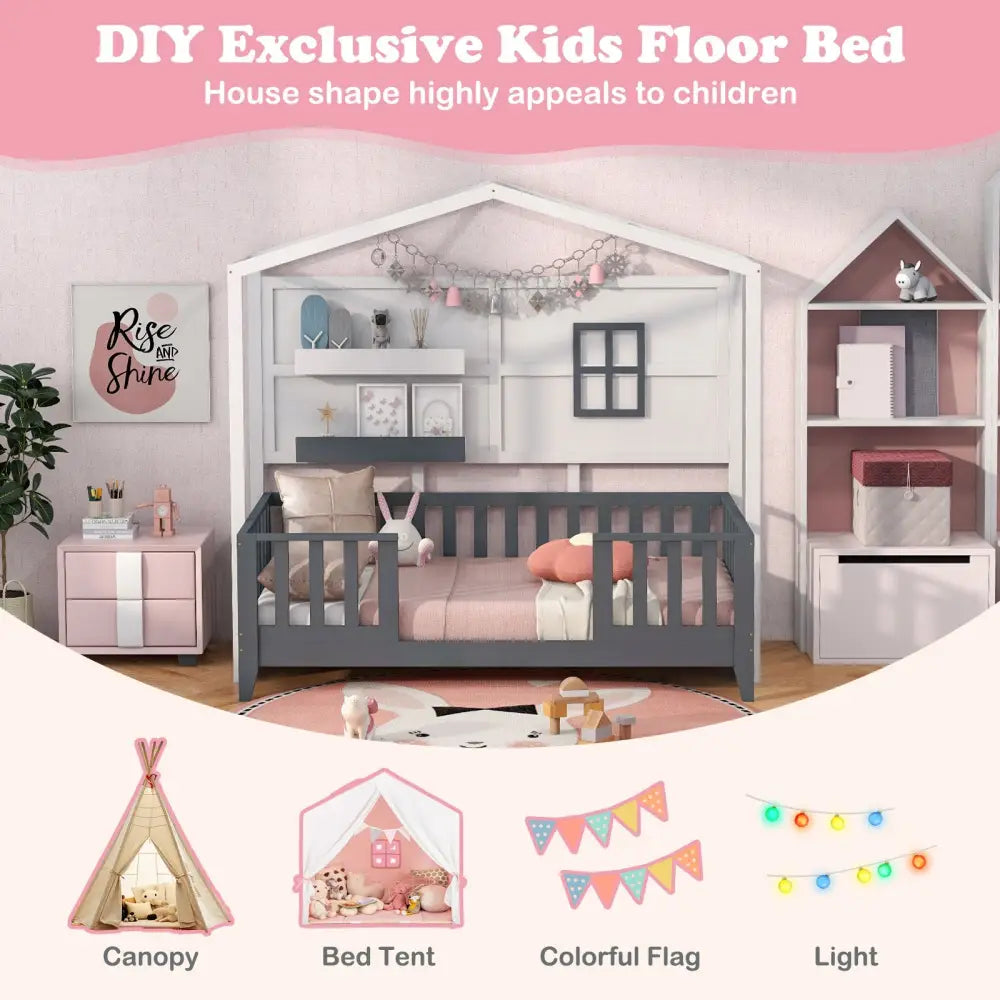 Twin Wood House Bed Montessori Floor Bed with 2 Shelves and Guardrails-Gray & White - Gray & White - Toddler Beds