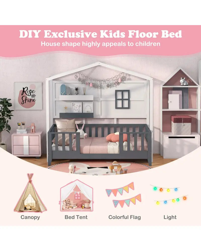 Twin Wood House Bed Montessori Floor Bed with 2 Shelves and Guardrails-Gray & White - Gray & White - Toddler Beds