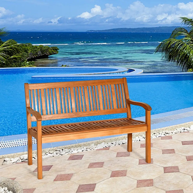 Two Person Solid Wood Garden Bench with Curved Backrest and Wide Armrest - Natural - Outdoor Benches