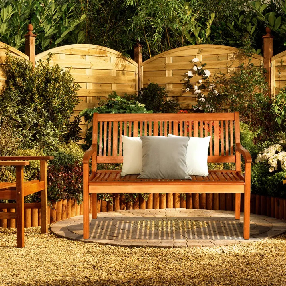 Two Person Solid Wood Garden Bench with Curved Backrest and Wide Armrest - Natural - Outdoor Benches