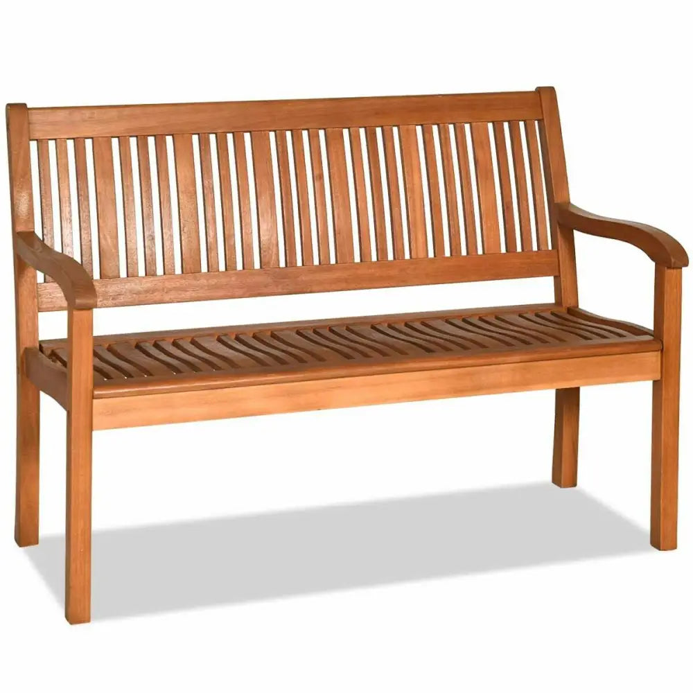 Two Person Solid Wood Garden Bench with Curved Backrest and Wide Armrest - Natural - Outdoor Benches
