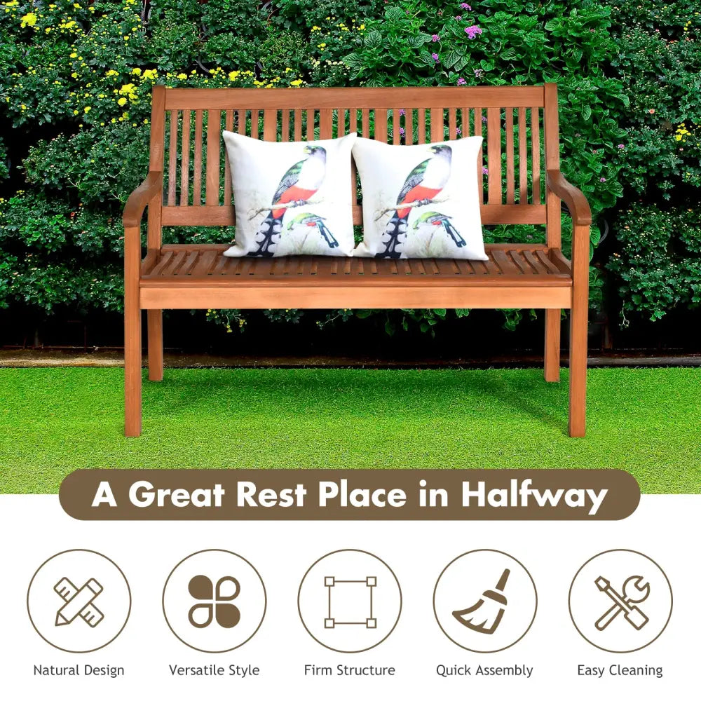 Two Person Solid Wood Garden Bench with Curved Backrest and Wide Armrest - Natural - Outdoor Benches