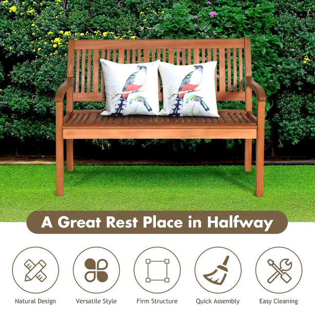 Two Person Solid Wood Garden Bench with Curved Backrest and Wide Armrest - Natural - Outdoor Benches