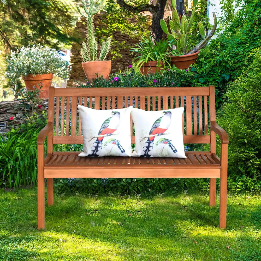 Two Person Solid Wood Garden Bench with Curved Backrest and Wide Armrest - Natural - Outdoor Benches