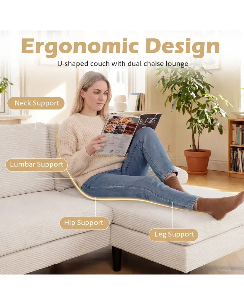 U-shaped Sectional Couch with Double Chaise for Living Room-Beige - Beige - Sofas & Loveseats