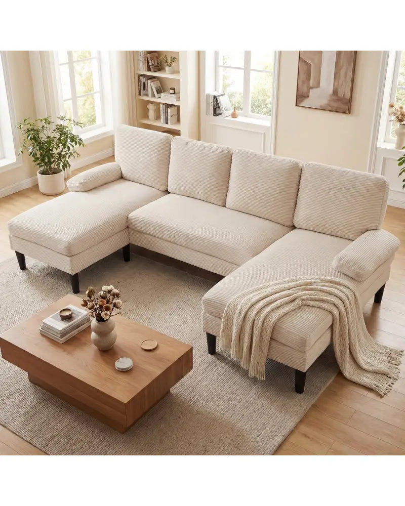 U-shaped Sectional Couch with Double Chaise for Living Room-Beige - Beige - Sofas & Loveseats