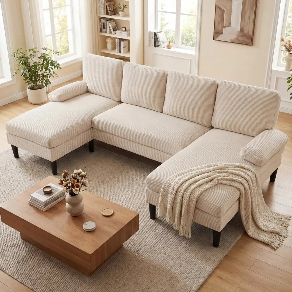 U-shaped Sectional Couch with Double Chaise for Living Room-Beige - Beige - Sofas & Loveseats
