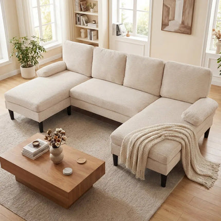 U-shaped Sectional Couch with Double Chaise for Living Room-Beige - Beige - Sofas & Loveseats