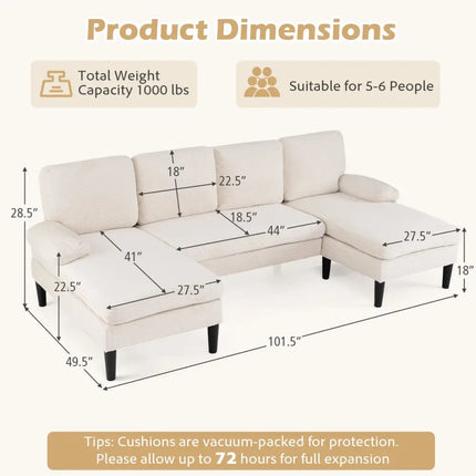 U-shaped Sectional Couch with Double Chaise for Living Room-Beige - Beige - Sofas & Loveseats