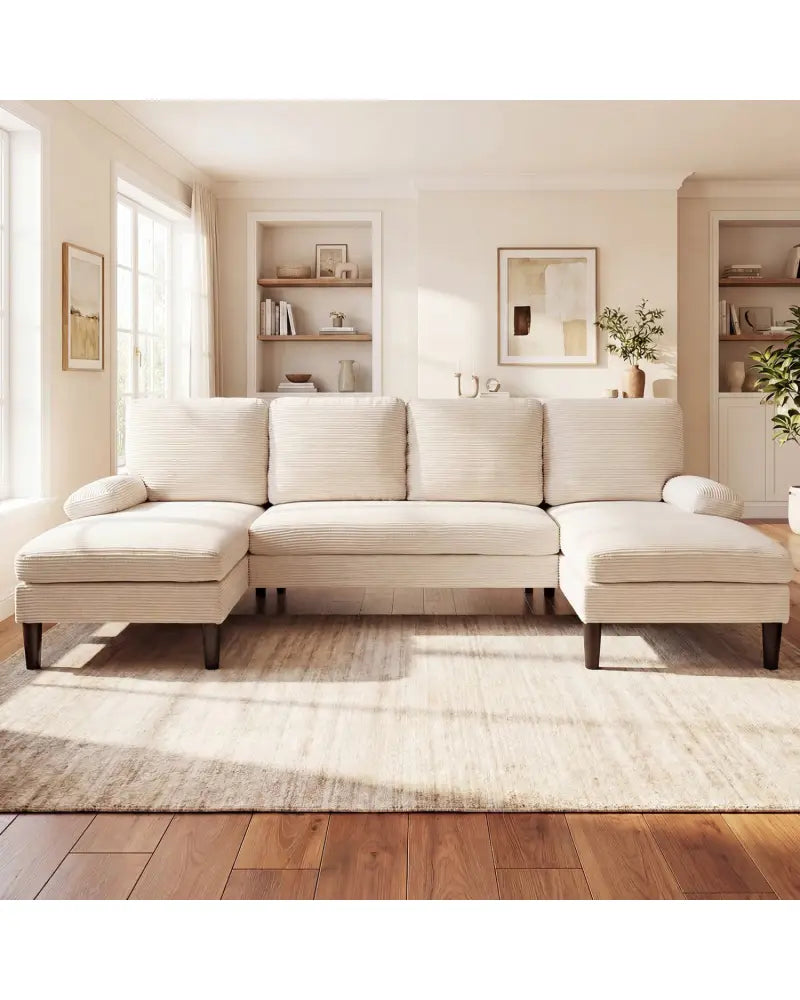 U-shaped Sectional Couch with Double Chaise for Living Room-Beige - Beige - Sofas & Loveseats
