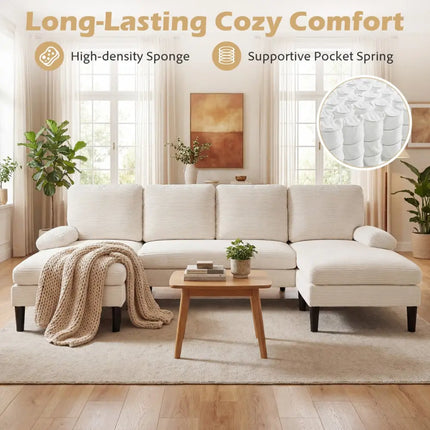 U-shaped Sectional Couch with Double Chaise for Living Room-Beige - Beige - Sofas & Loveseats