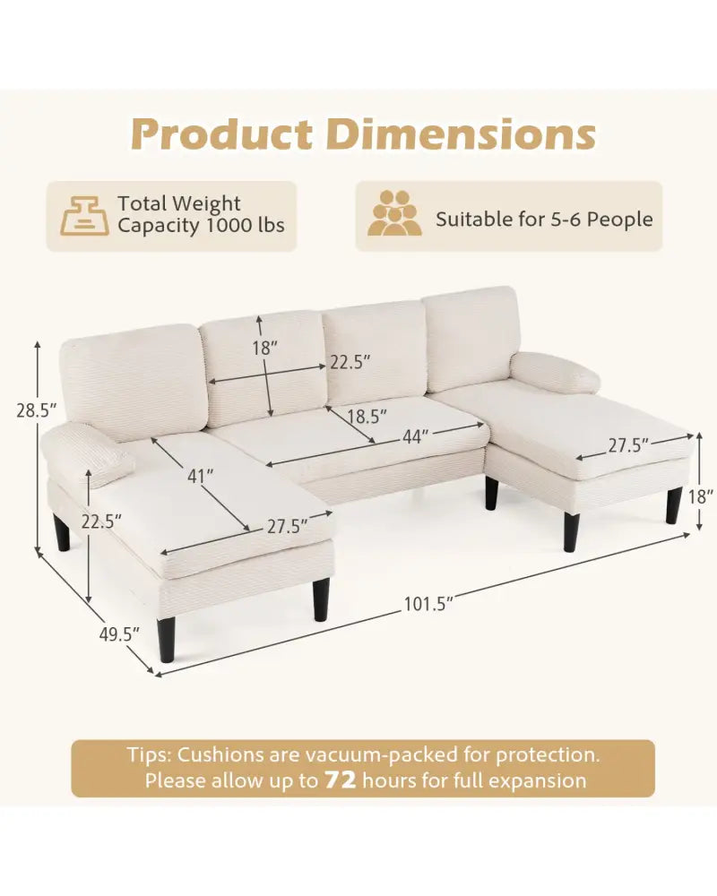 U-shaped Sectional Couch with Double Chaise for Living Room-Beige - Beige - Sofas & Loveseats