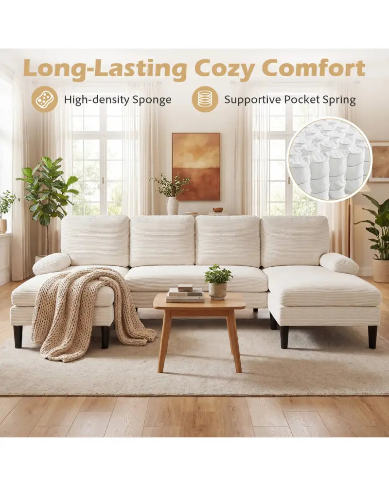 U-shaped Sectional Couch with Double Chaise for Living Room-Beige - Beige - Sofas & Loveseats