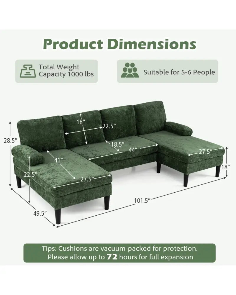 U-shaped Sectional Couch with Double Chaise for Living Room-Green - Green - Sofas & Loveseats