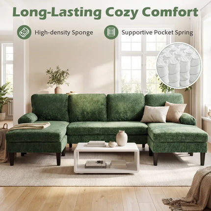 U-shaped Sectional Couch with Double Chaise for Living Room-Green - Green - Sofas & Loveseats