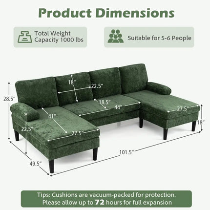 U-shaped Sectional Couch with Double Chaise for Living Room-Green - Green - Sofas & Loveseats