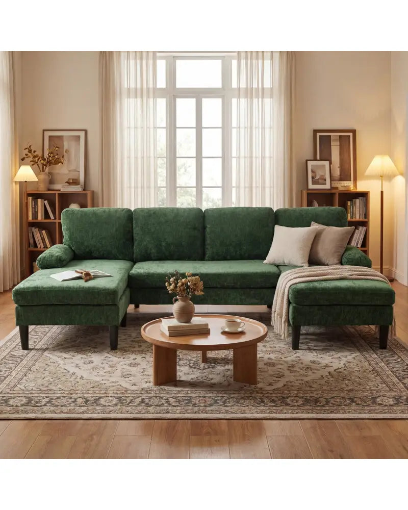 U-shaped Sectional Couch with Double Chaise for Living Room-Green - Green - Sofas & Loveseats