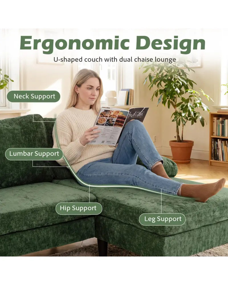 U-shaped Sectional Couch with Double Chaise for Living Room-Green - Green - Sofas & Loveseats