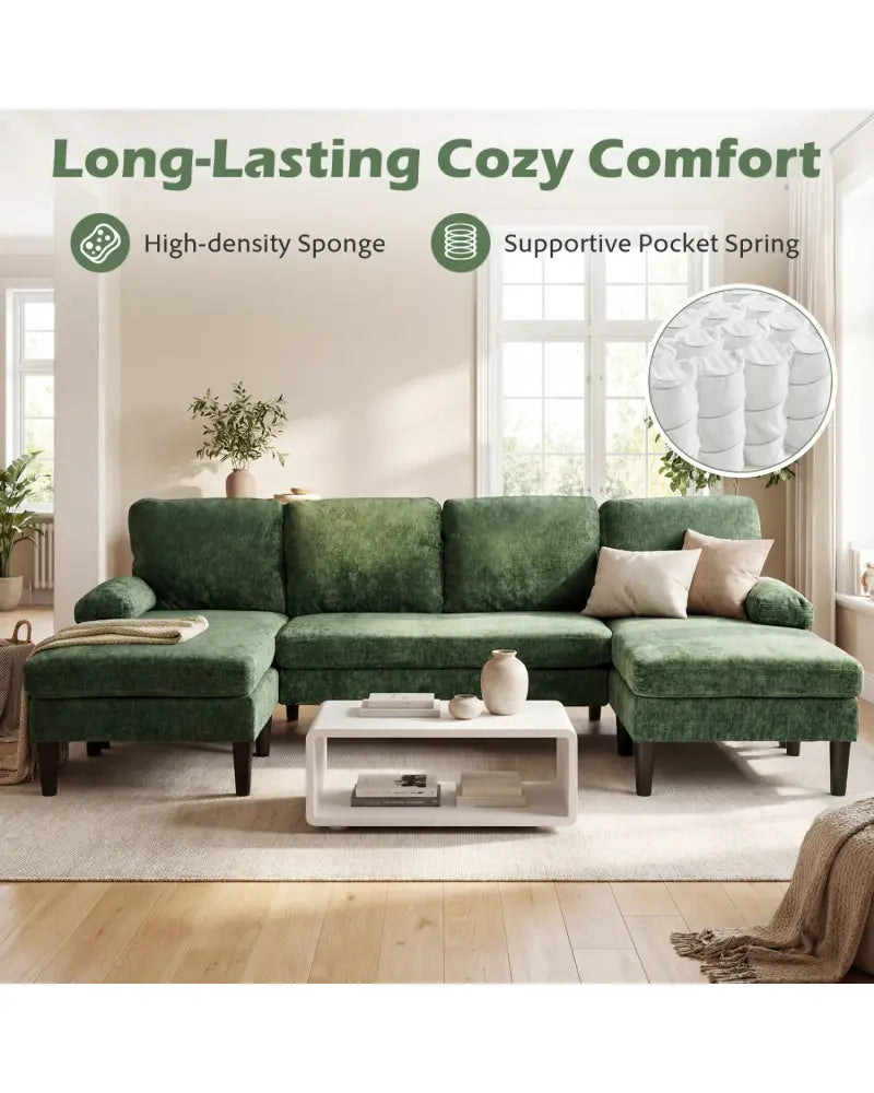 U-shaped Sectional Couch with Double Chaise for Living Room-Green - Green - Sofas & Loveseats