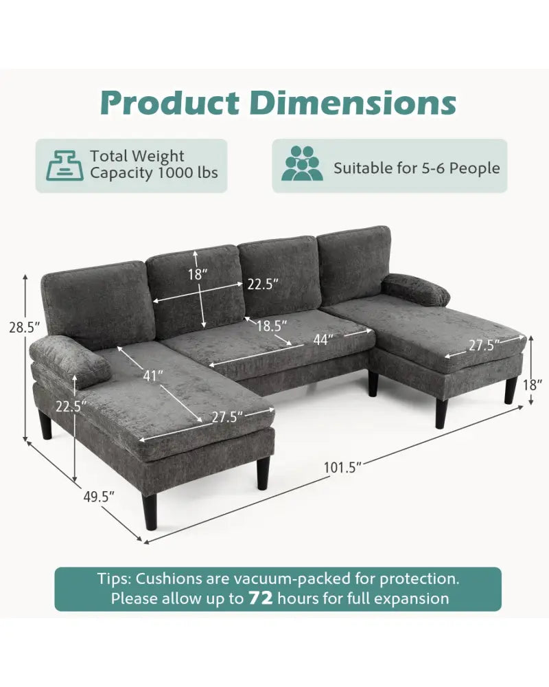 U-shaped Sectional Couch with Double Chaise for Living Room-Grey - Gray - Sofas & Loveseats