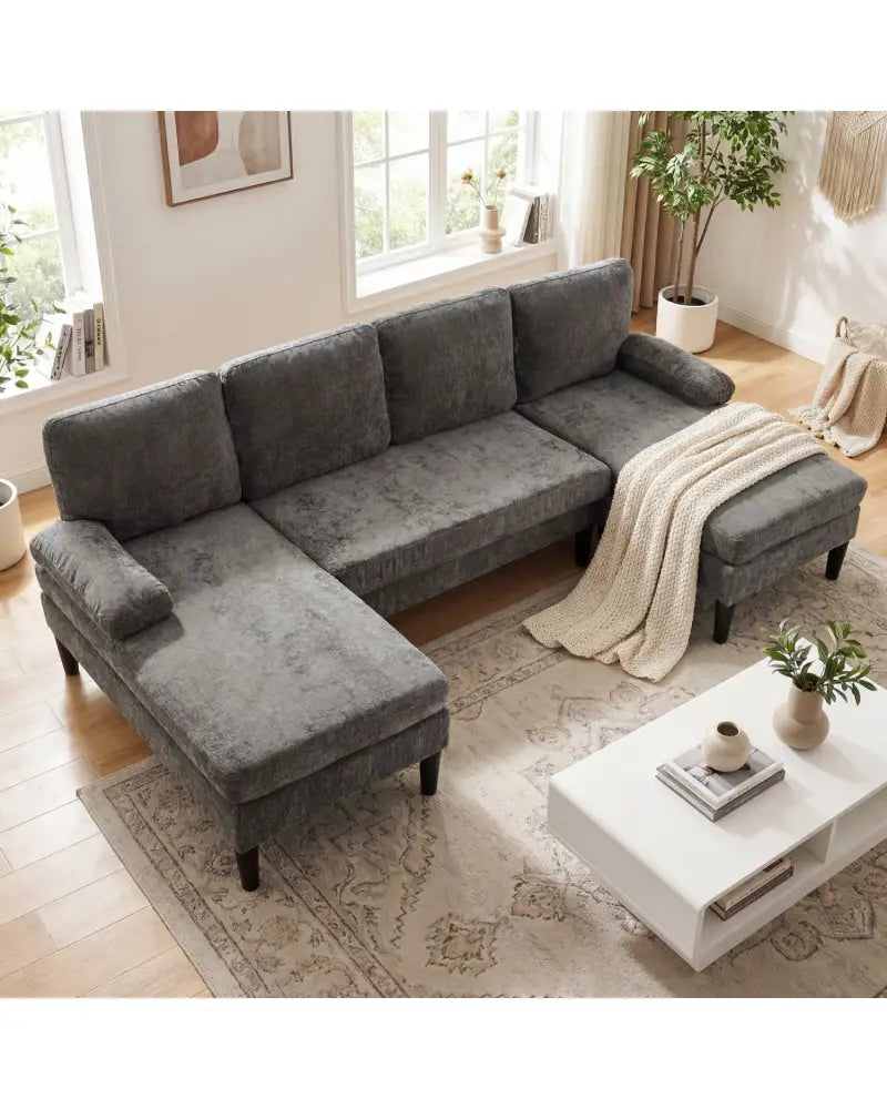 U-shaped Sectional Couch with Double Chaise for Living Room-Grey - Gray - Sofas & Loveseats
