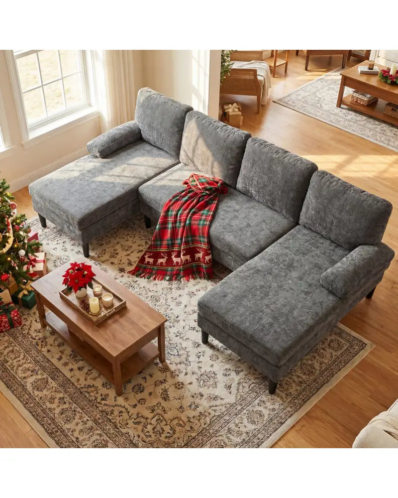 U-shaped Sectional Couch with Double Chaise for Living Room-Grey - Gray - Sofas & Loveseats
