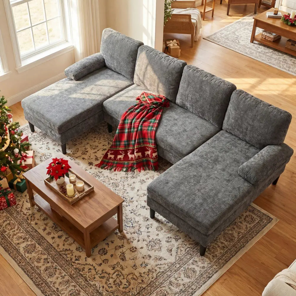 U-shaped Sectional Couch with Double Chaise for Living Room-Grey - Gray - Sofas & Loveseats