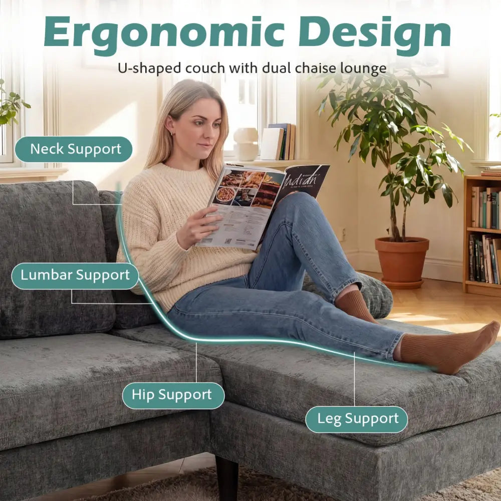 U-shaped Sectional Couch with Double Chaise for Living Room-Grey - Gray - Sofas & Loveseats