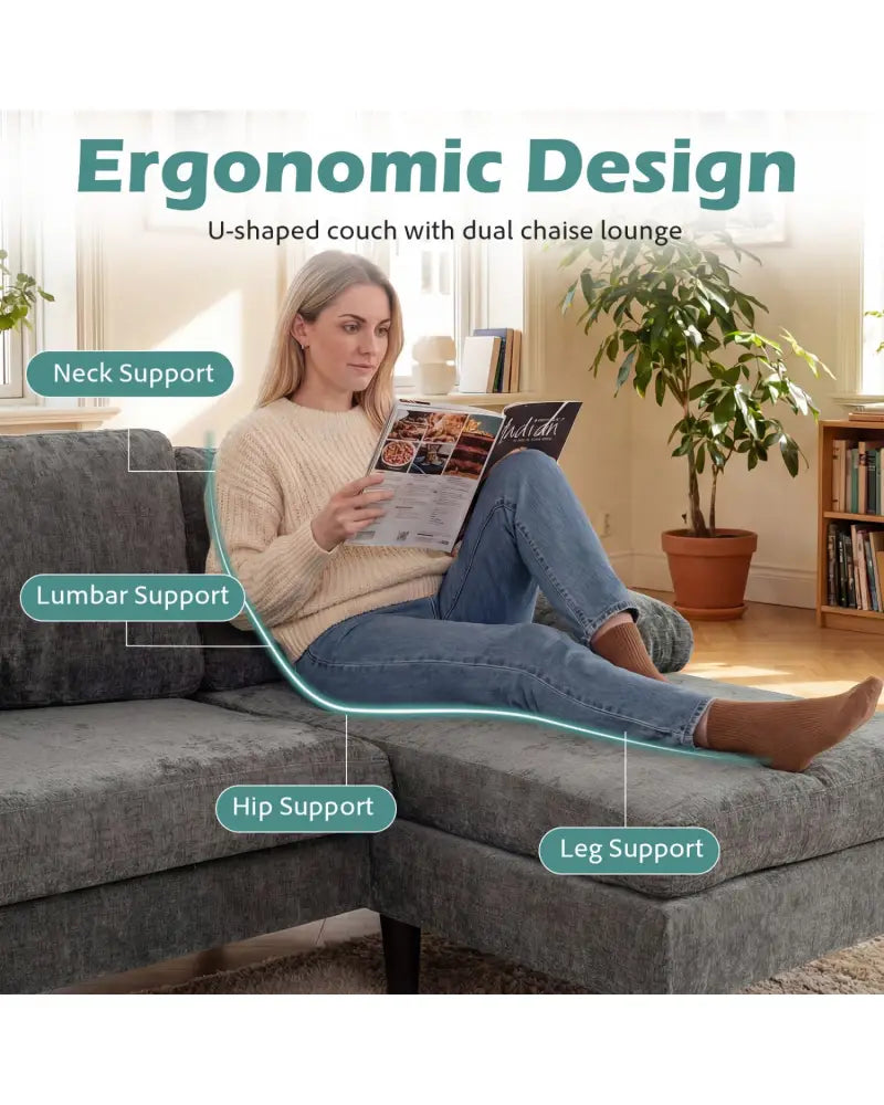 U-shaped Sectional Couch with Double Chaise for Living Room-Grey - Gray - Sofas & Loveseats