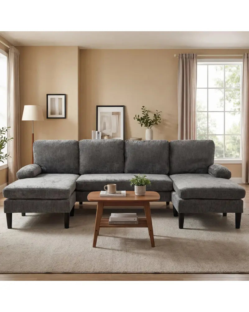 U-shaped Sectional Couch with Double Chaise for Living Room-Grey - Gray - Sofas & Loveseats