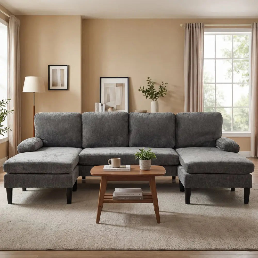 U-shaped Sectional Couch with Double Chaise for Living Room-Grey - Gray - Sofas & Loveseats
