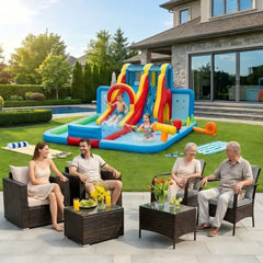Ultimate Backyard Summer Oasis Set: 6-Pc Patio Rattan Furniture Inflatable Water Slide Park with 680W Blower - Outdoor