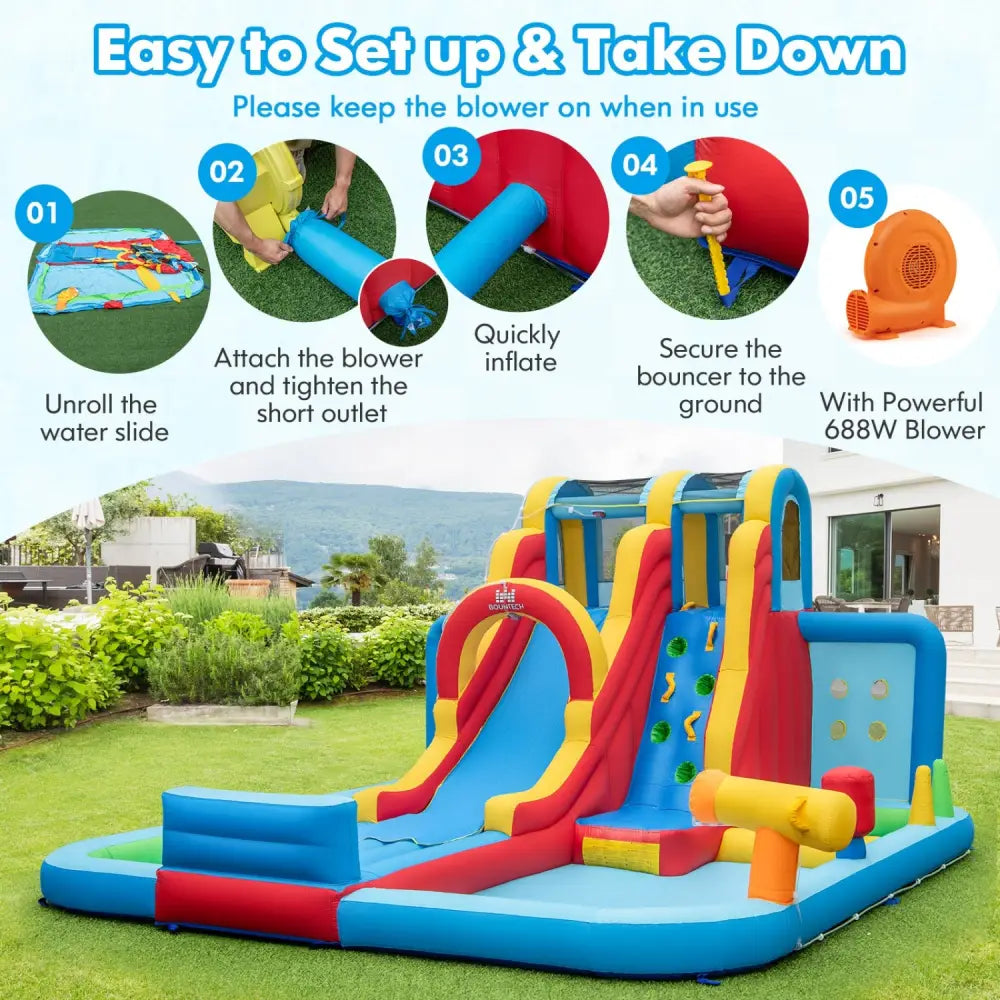 Ultimate Backyard Summer Oasis Set: 6-Pc Patio Rattan Furniture Inflatable Water Slide Park with 680W Blower - Outdoor