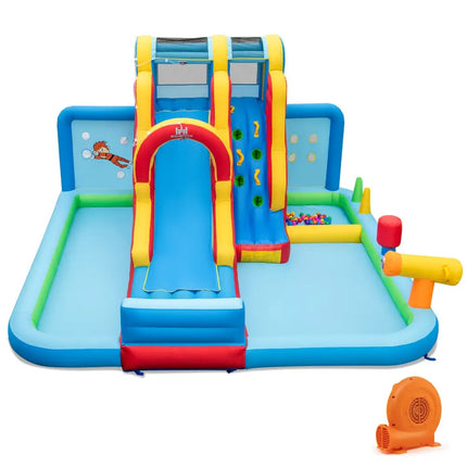 Ultimate Backyard Summer Oasis Set: 6-Pc Patio Rattan Furniture Inflatable Water Slide Park with 680W Blower - Outdoor