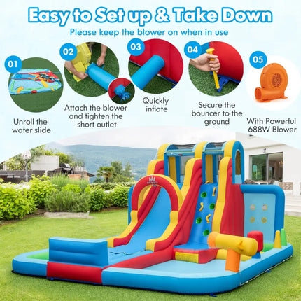 Ultimate Backyard Summer Oasis Set: 6-Pc Patio Rattan Furniture Inflatable Water Slide Park with 680W Blower - Outdoor
