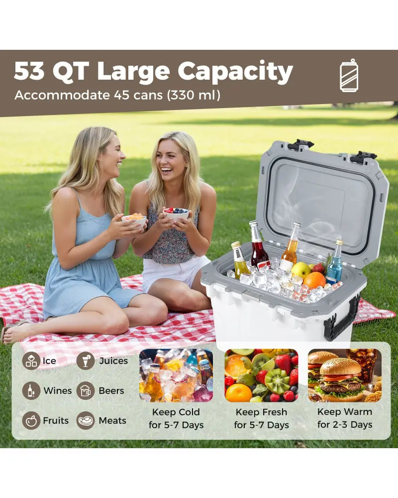 Ultra-Light Injection Molded Cooler 53 QT Hard Ice Chest-White - White - Coolers