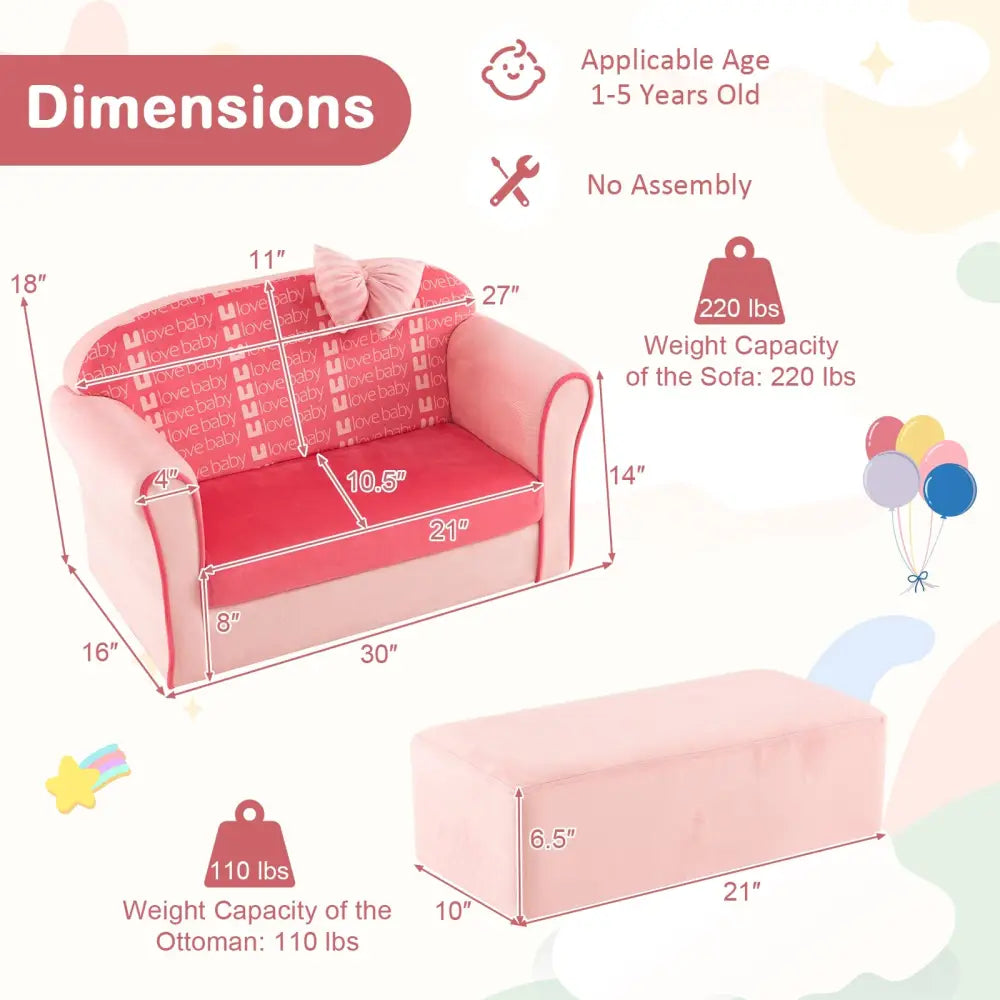 Ultra Soft Velvet Kids Sofa Chair Toddler Couch with Ottoman-Pink - Pink - Kids Chairs & Seating