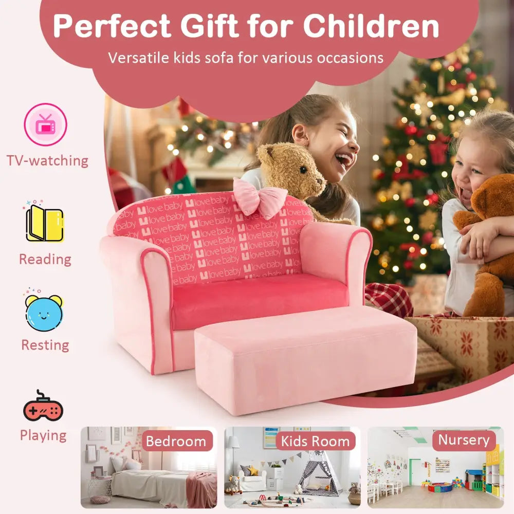 Ultra Soft Velvet Kids Sofa Chair Toddler Couch with Ottoman-Pink - Pink - Kids Chairs & Seating