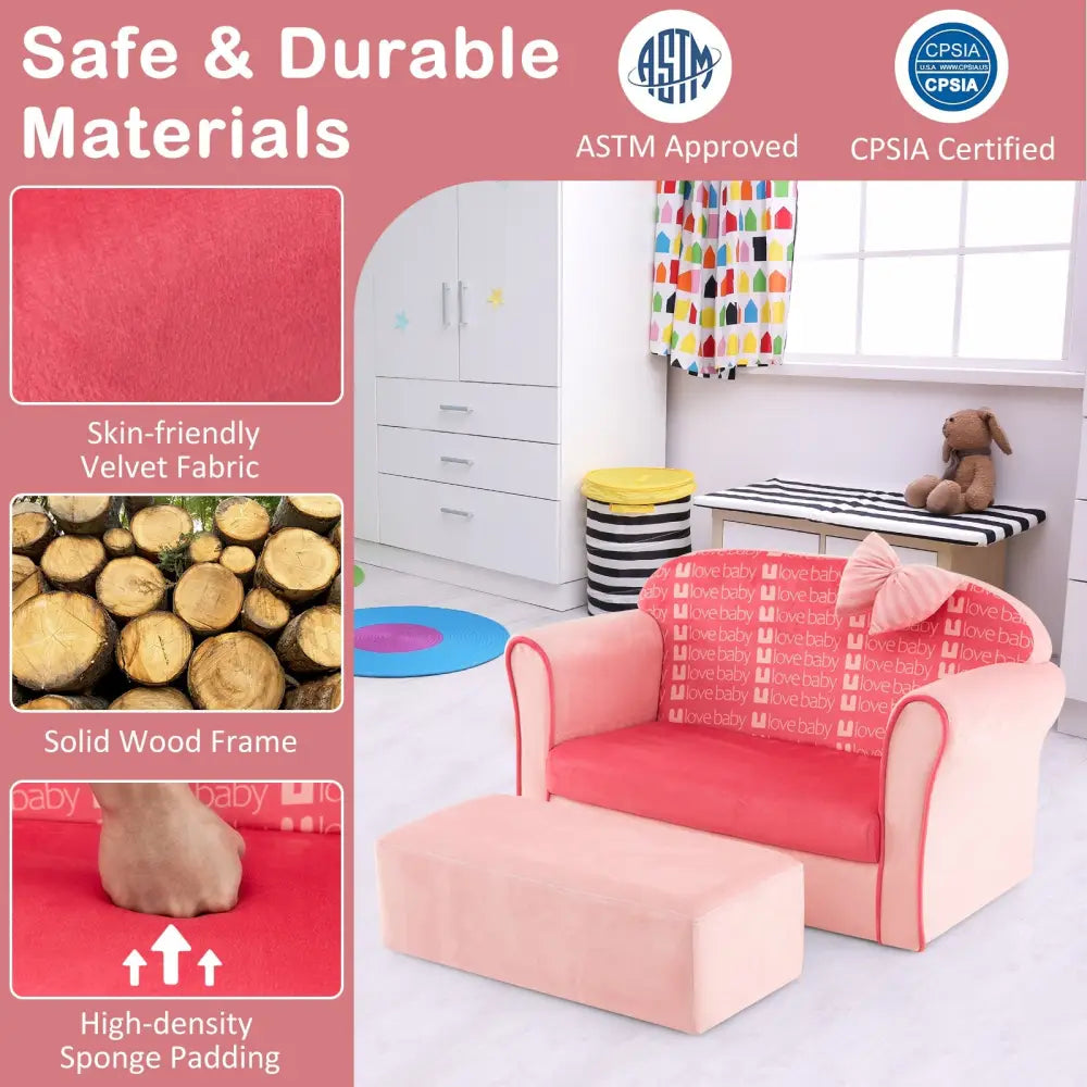 Ultra Soft Velvet Kids Sofa Chair Toddler Couch with Ottoman-Pink - Pink - Kids Chairs & Seating