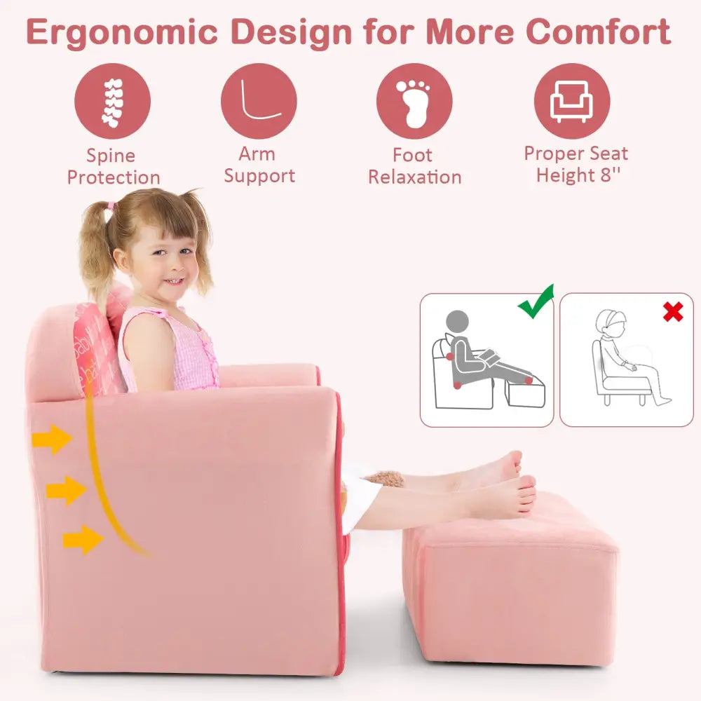 Ultra Soft Velvet Kids Sofa Chair Toddler Couch with Ottoman-Pink - Pink - Kids Chairs & Seating