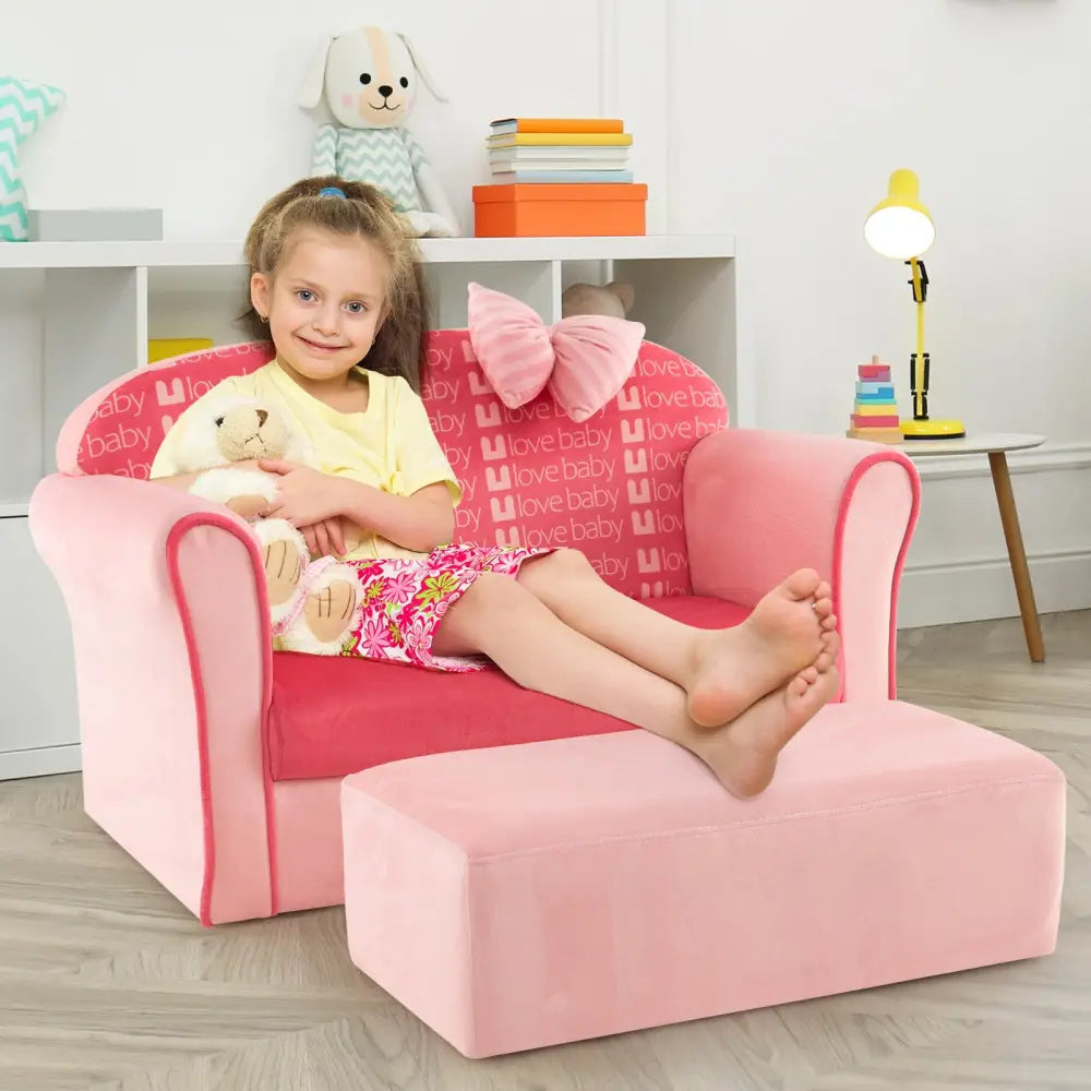 Ultra Soft Velvet Kids Sofa Chair Toddler Couch with Ottoman-Pink - Pink - Kids Chairs & Seating