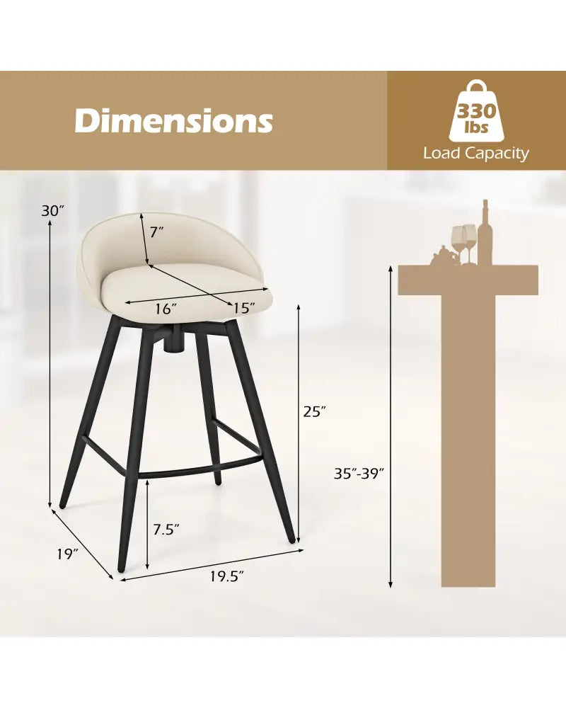 Upholstered Bar Stools Set of 2 with Footrest and Backrest-Beige - Beige - Bar Stools